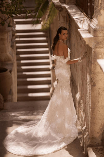 Luxurious Form Fitting Lace Wedding Dress - Sequin Wedding Gown with Long Train and Gloves Plus Size - WonderlandByLilian