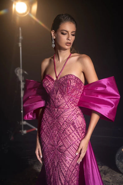Luxurious Fuchsia Sequin Evening Gown with Statement Bow - Pretty Sequin Dress and Designer Sequin Gown Plus Size - WonderlandByLilian