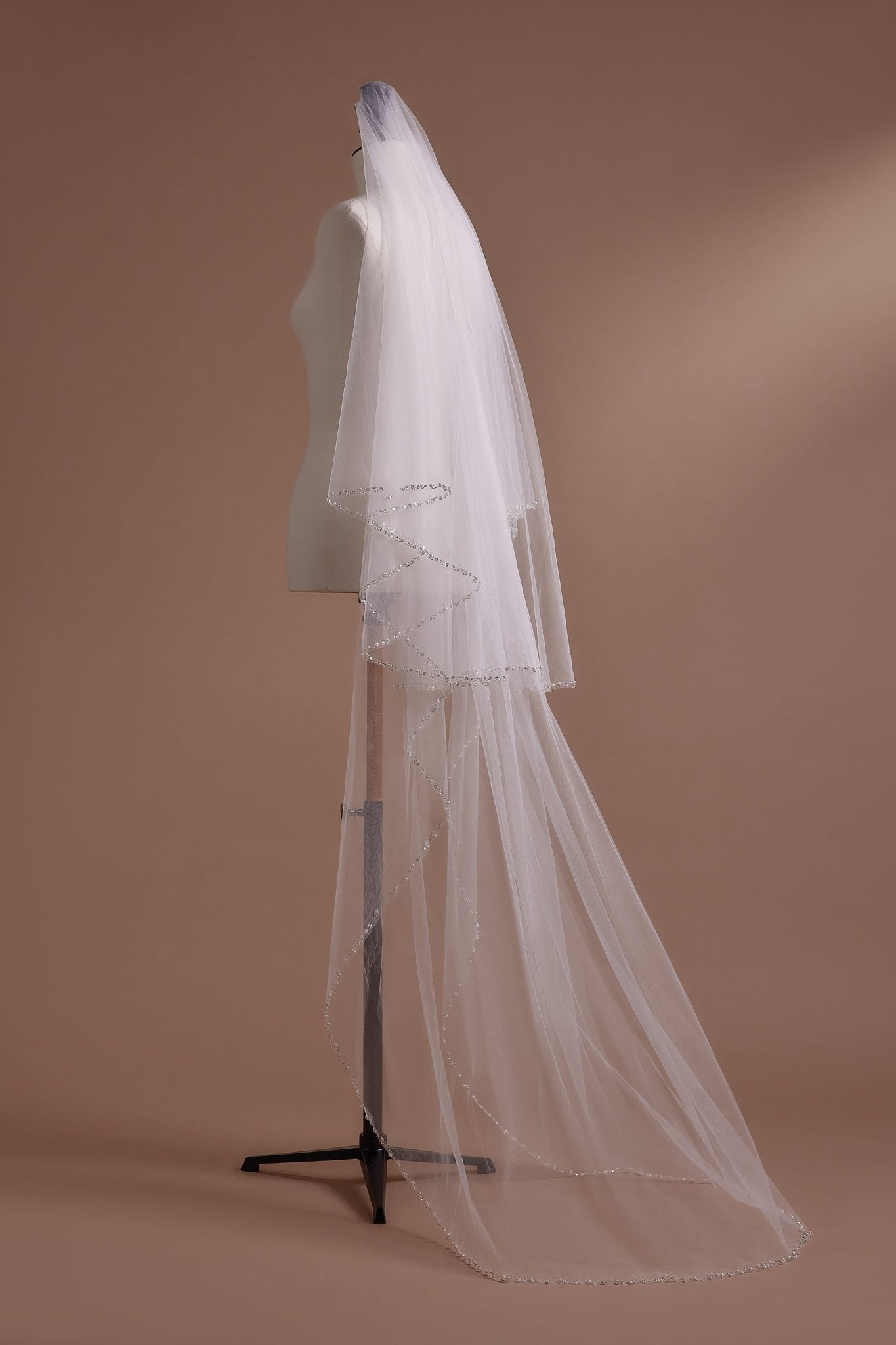 Luxurious Full-Length Veil with Crystal Bead Swirls and Elegant Tulle Draping - WonderlandByLilian