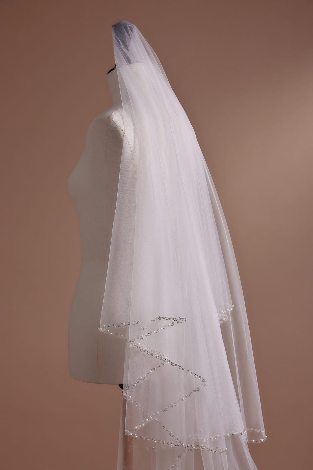 Luxurious Full-Length Veil with Crystal Bead Swirls and Elegant Tulle Draping - WonderlandByLilian