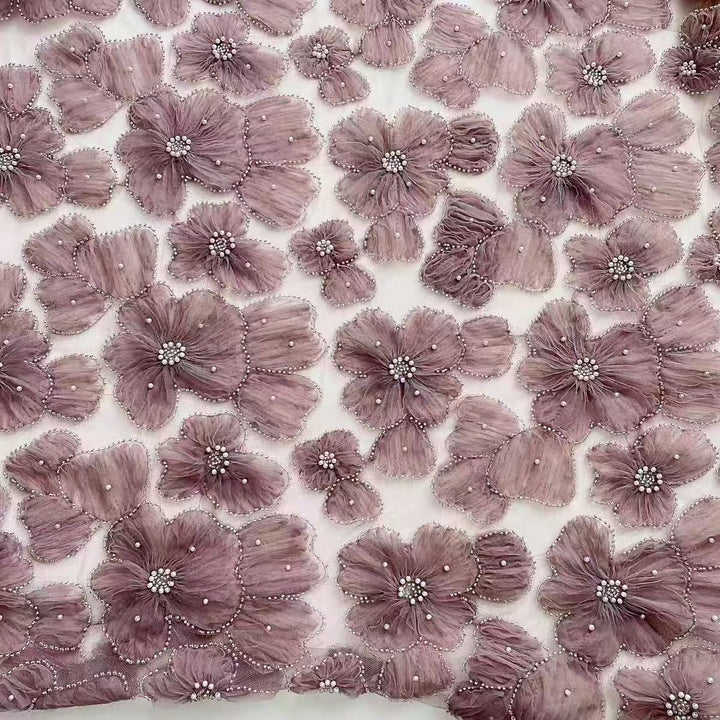 Luxurious Grape Purple Embroidered Pearl Lace Fabric for Dresses, Wedding Gowns, and Qipao - WonderlandByLilian