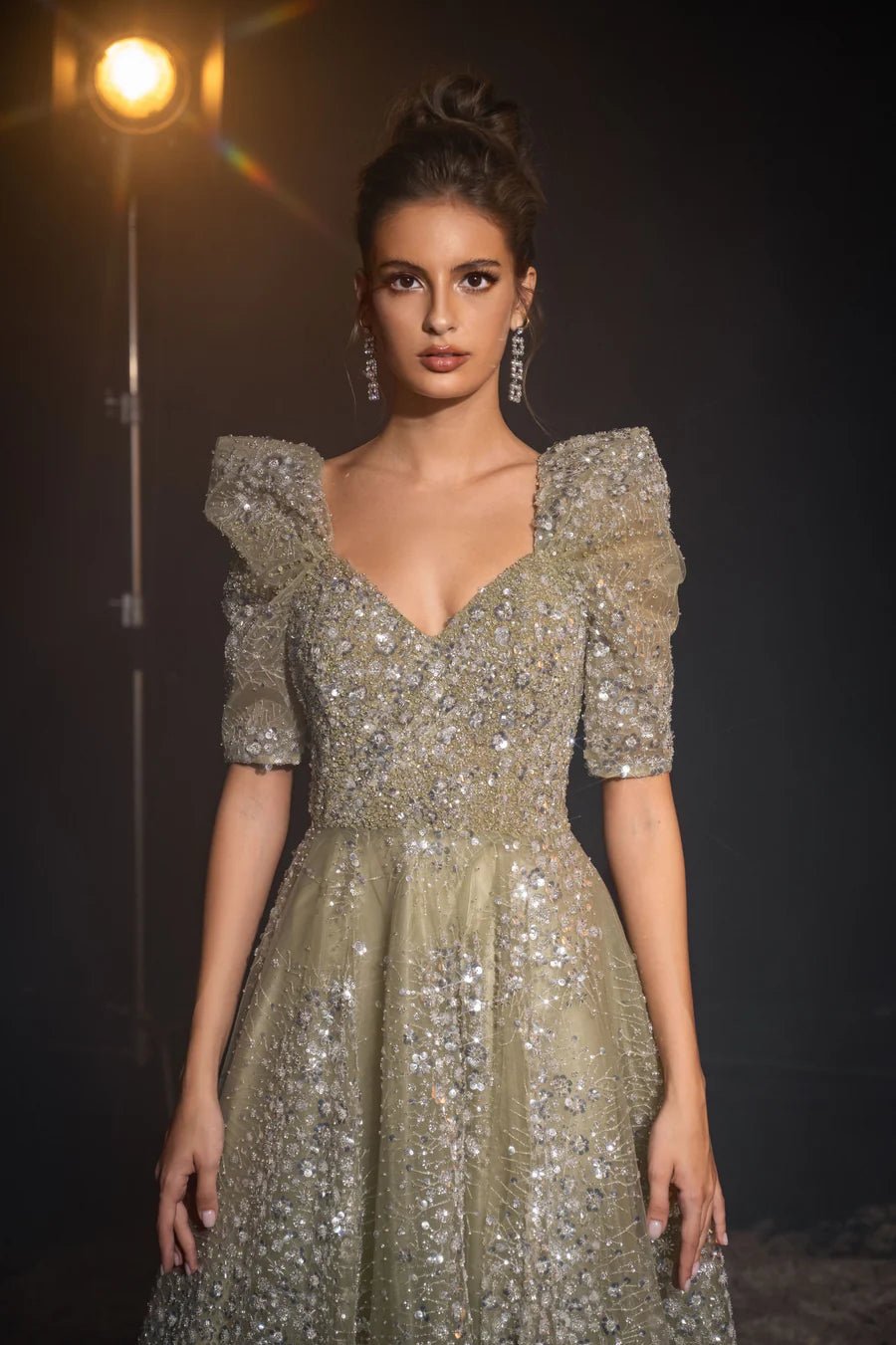 Luxurious Champagne Green Sequin Evening Gown with Puff Sleeves - Pret WonderlandByLilian Luxurious Champagne Green Sequin Evening Gown with Puff Sleeves - Pret WonderlandByLilian