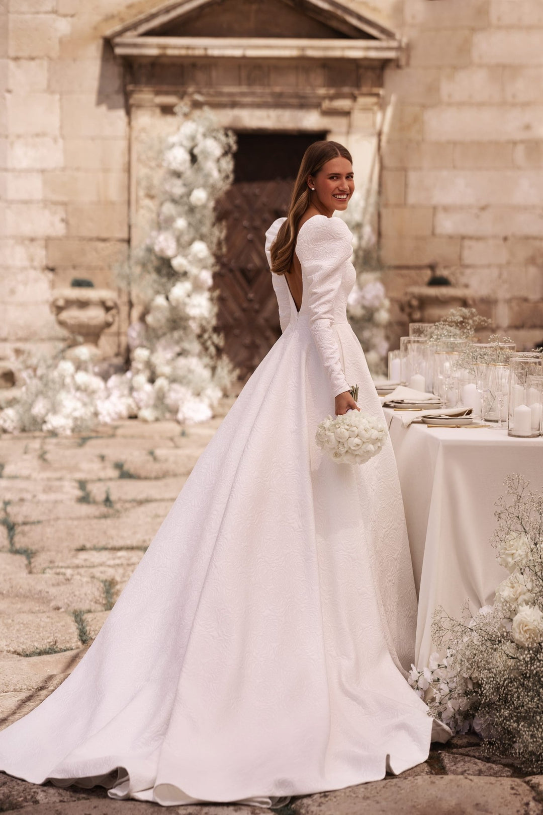 Luxurious Ivory A-Line Wedding Dress with Embossed Roses and Open Back Plus Size - WonderlandByLilian