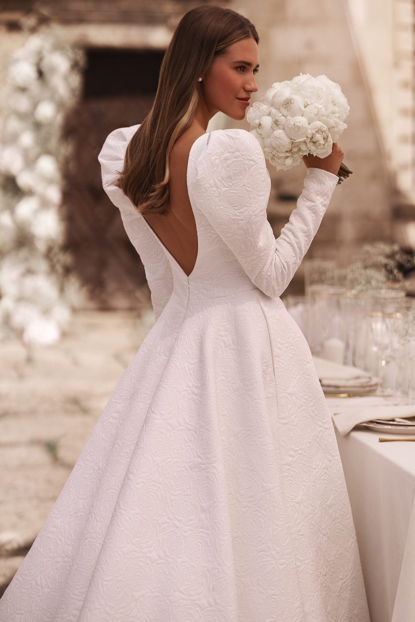 Luxurious Ivory A-Line Wedding Dress with Embossed Roses and Open Back Plus Size - WonderlandByLilian