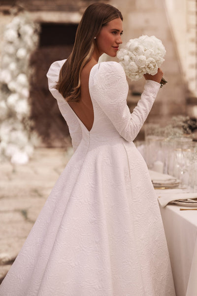 Luxurious Ivory A-Line Wedding Dress with Embossed Roses and Open Back Plus Size - WonderlandByLilian