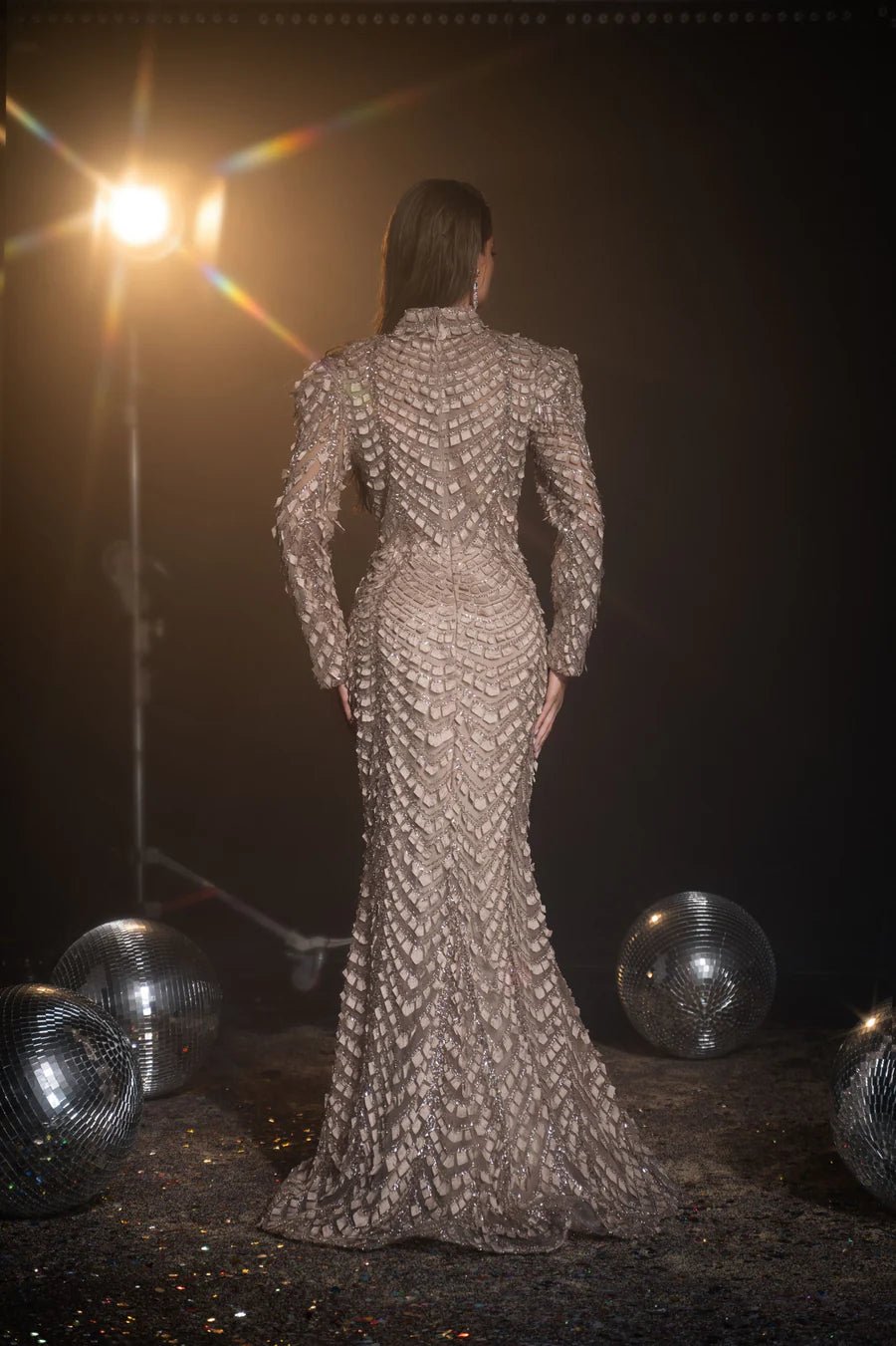 Luxurious Khaki Sequin Evening Gown with Long Sleeves and V-Neck - Pretty Sequin Dress and Elegant Designer Gown with Slit Plus Size US 10 / Champagne Luxurious Khaki Sequin Evening Gown with Long Sleeves and V-Neck - Pretty Sequin Dress and Elegant Designer Gown with Slit Plus Size US 10 / Champagne