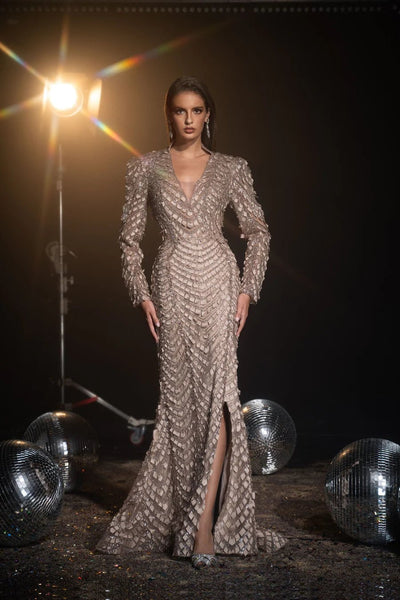Luxurious Khaki Sequin Evening Gown with Long Sleeves and V-Neck - Pretty Sequin Dress and Elegant Designer Gown with Slit Plus Size - WonderlandByLilian