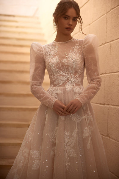 Luxurious Long Sleeve Embroidered Wedding Dress with Voluminous Sleeves Plus Size - WonderlandByLilian