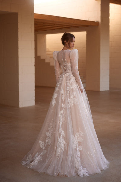 Luxurious Long Sleeve Embroidered Wedding Dress with Voluminous Sleeves Plus Size - WonderlandByLilian