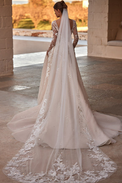 Luxurious Long Sleeve Lace Wedding Dress with Beaded Details and Elegant Train Plus Size - WonderlandByLilian