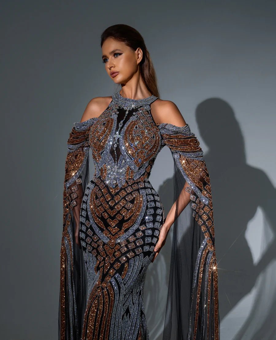 Luxurious Mauve Purple Sequin Evening Gown with Sheer long sleeves - Pretty Sequin Dress and Elegant Designer Sequin Gown Plus Size US 12 / Black Luxurious Mauve Purple Sequin Evening Gown with Sheer long sleeves - Pretty Sequin Dress and Elegant Designer Sequin Gown Plus Size US 12 / Black