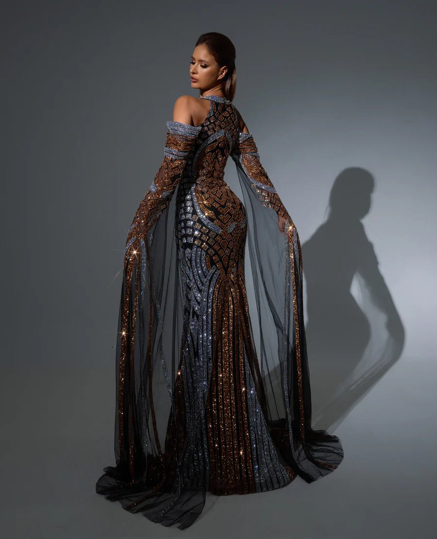 Luxurious Mauve Purple Sequin Evening Gown with Sheer long sleeves - Pretty Sequin Dress and Elegant Designer Sequin Gown Plus Size US 4 / Black Luxurious Mauve Purple Sequin Evening Gown with Sheer long sleeves - Pretty Sequin Dress and Elegant Designer Sequin Gown Plus Size US 4 / Black
