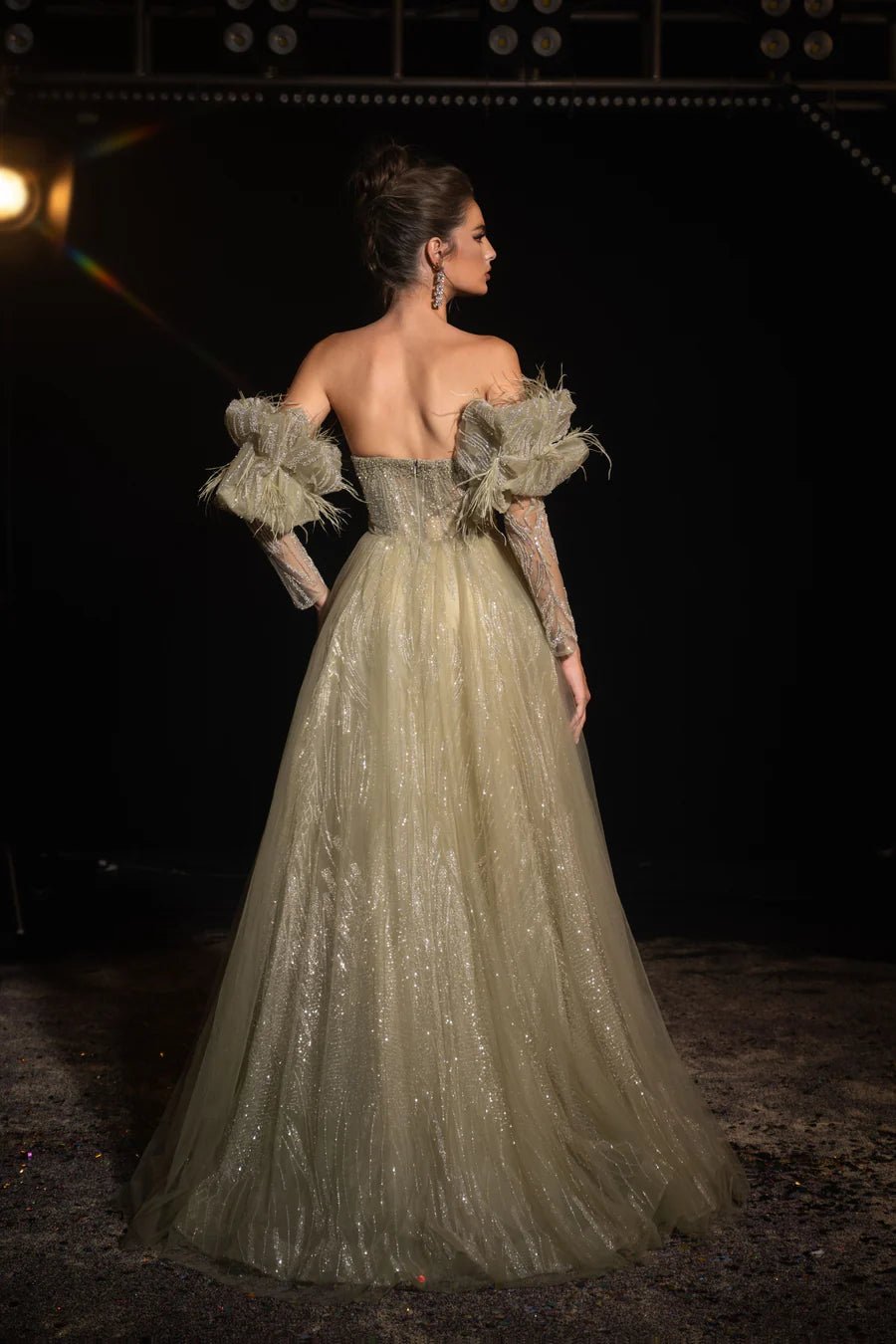 Luxurious Olive Green Sequin Evening Gown with Feathered Sleeves - Pretty Sequin Dress and Elegant Designer Gown Plus Size - WonderlandByLilian