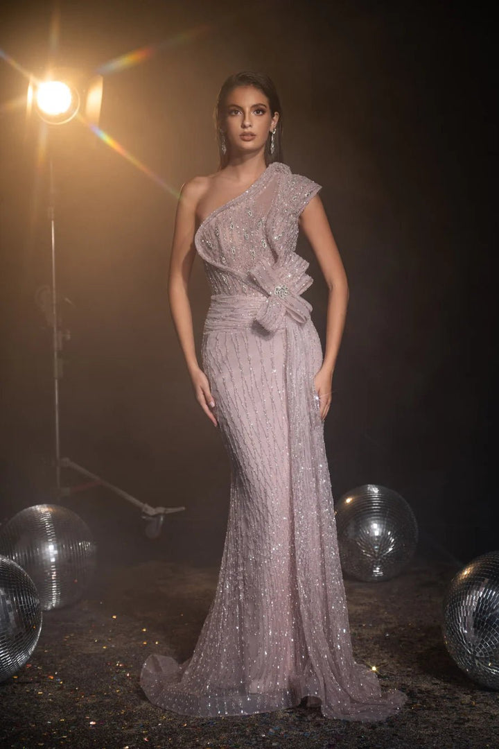 Luxurious Pink Sequin Evening Gown and Designer Sequin Gown - Pretty Sequin Dress with One Shoulder and Elegant Bow Detail Plus Size - WonderlandByLilian