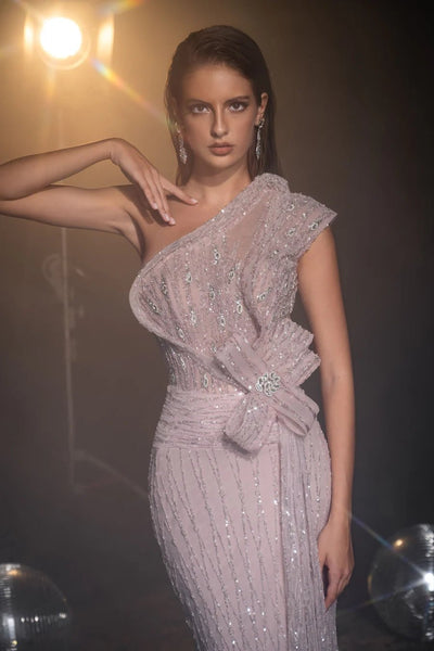 Luxurious Pink Sequin Evening Gown and Designer Sequin Gown - Pretty Sequin Dress with One Shoulder and Elegant Bow Detail Plus Size - WonderlandByLilian