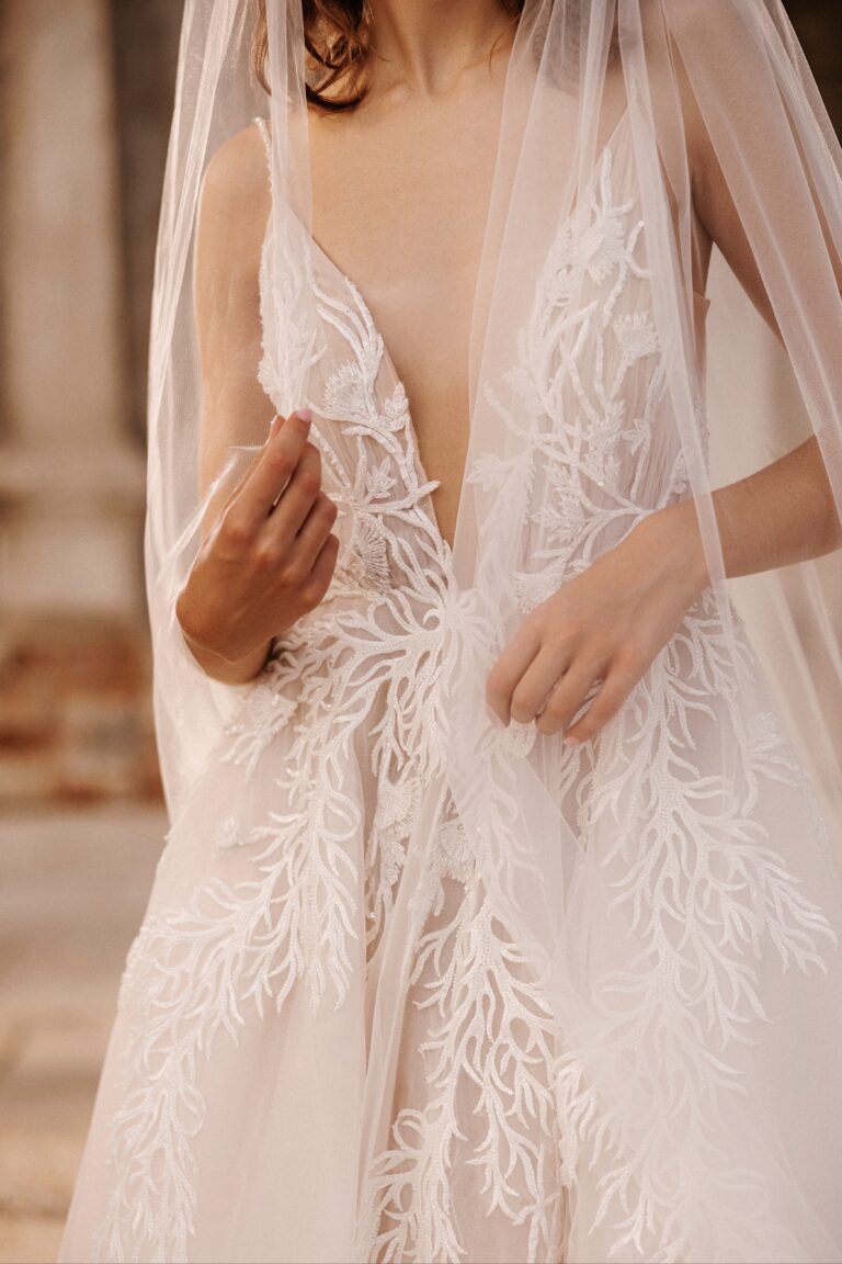 Luxurious Plunging A-Line Wedding Dress with Lace and Embroidery Design Plus Size - CALLISTA - WonderlandByLilian