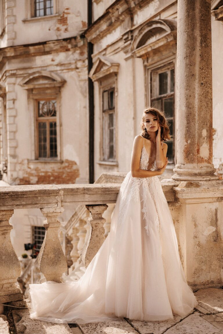 Luxurious Plunging A-Line Wedding Dress with Lace and Embroidery Design Plus Size - CALLISTA - WonderlandByLilian