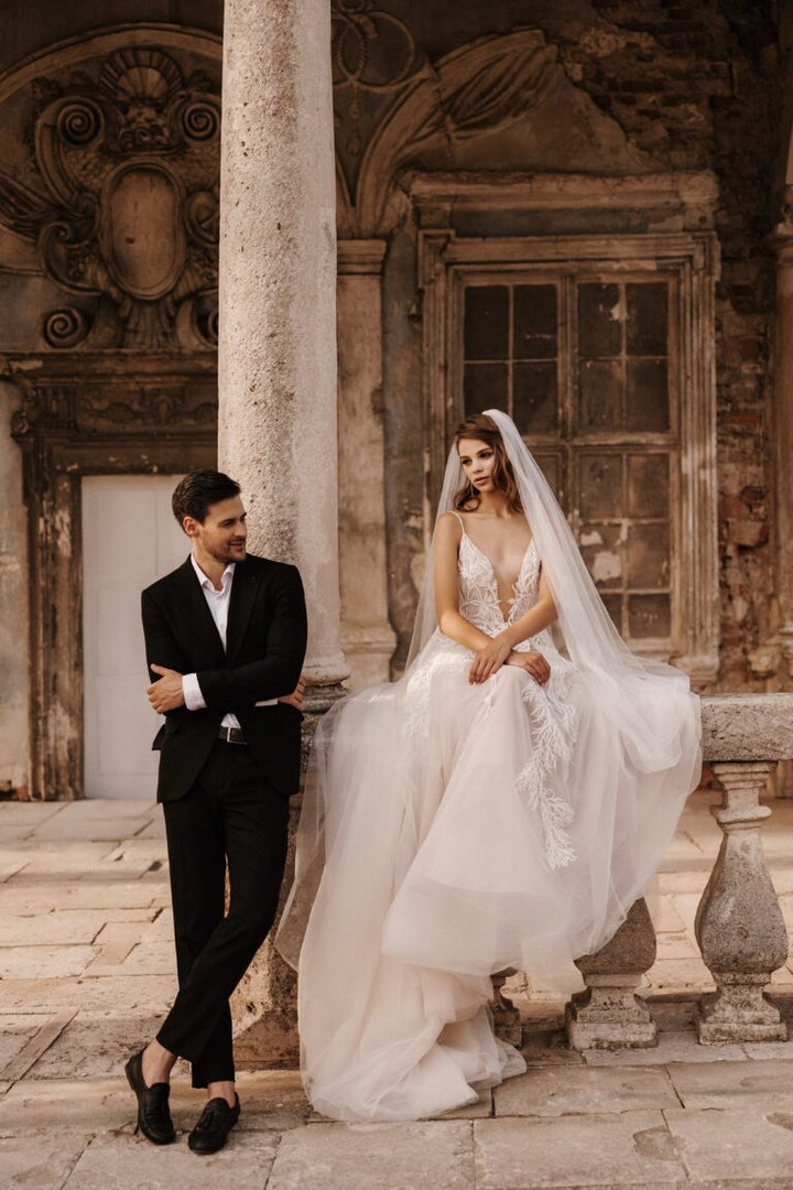 Luxurious Plunging A-Line Wedding Dress with Lace and Embroidery Design Plus Size - CALLISTA - WonderlandByLilian