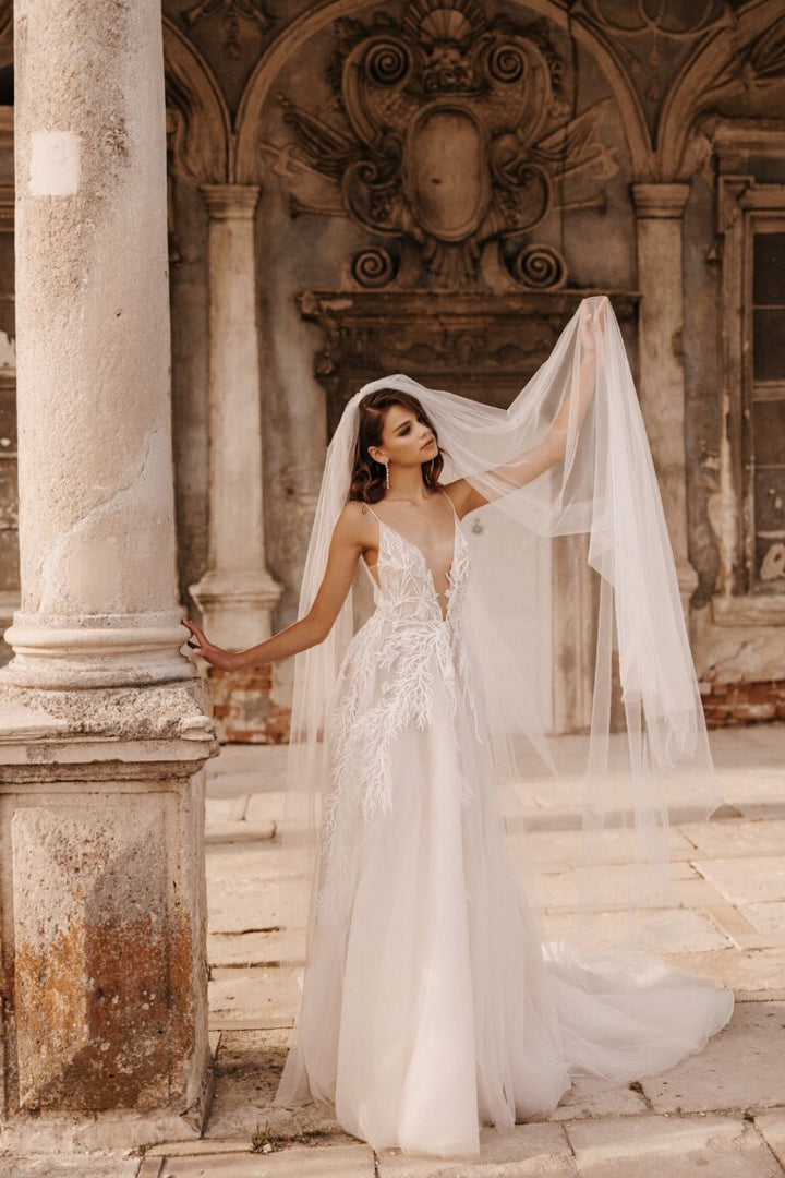 Luxurious Plunging A-Line Wedding Dress with Lace and Embroidery Design Plus Size - CALLISTA - WonderlandByLilian