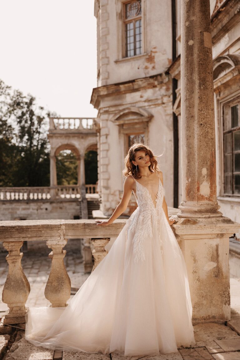 Luxurious Plunging A-Line Wedding Dress with Lace and Embroidery Design Plus Size - CALLISTA - WonderlandByLilian