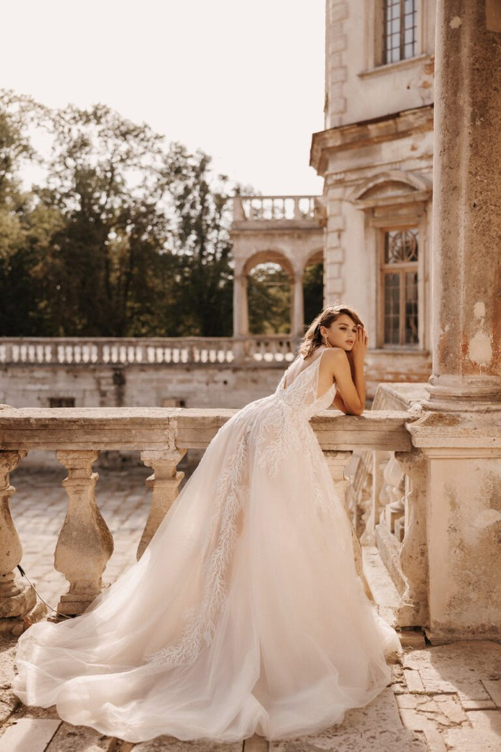 Luxurious Plunging A-Line Wedding Dress with Lace and Embroidery Design Plus Size - CALLISTA - WonderlandByLilian