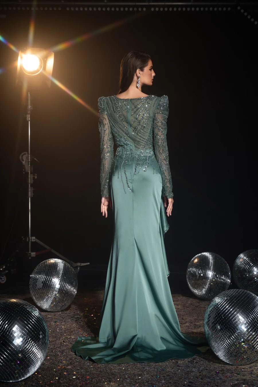Luxurious Sage Green Sequin Evening Gown and Puff Sleeve Dress - Prett WonderlandByLilian Luxurious Sage Green Sequin Evening Gown and Puff Sleeve Dress - Prett WonderlandByLilian