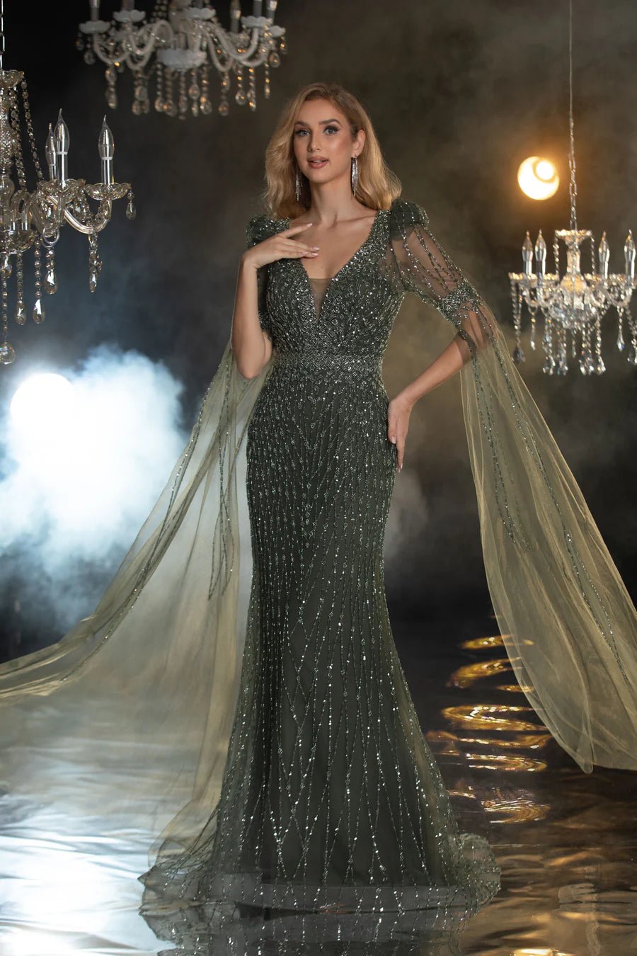 Luxurious Sage Green Sequin Evening Gown with Cape Sleeves - Pretty Sequin Dress and Elegant Cape Dress Plus Size - WonderlandByLilian