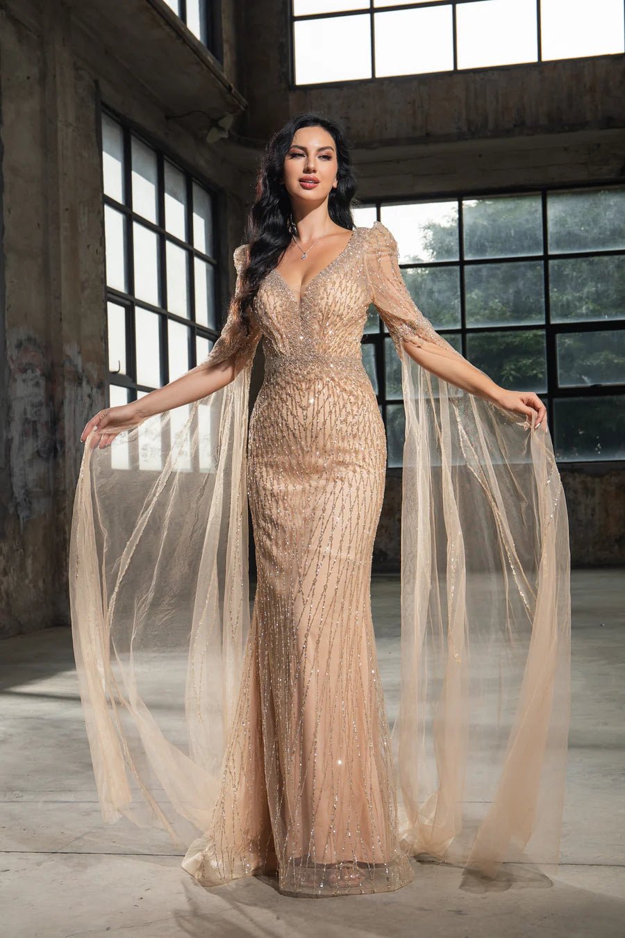Luxurious Sage Green Sequin Evening Gown with Cape Sleeves - Pretty Sequin Dress and Elegant Cape Dress Plus Size US 18 / Blue Luxurious Sage Green Sequin Evening Gown with Cape Sleeves - Pretty Sequin Dress and Elegant Cape Dress Plus Size US 18 / Blue