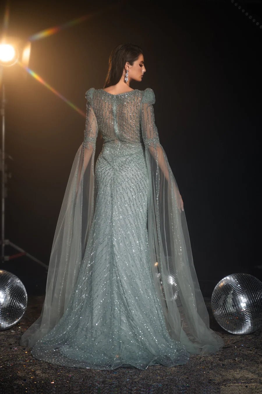 Luxurious Sage Green Sequin Evening Gown with Cape Sleeves - Pretty Sequin Dress and Elegant Cape Dress Plus Size US 18 / Blue Luxurious Sage Green Sequin Evening Gown with Cape Sleeves - Pretty Sequin Dress and Elegant Cape Dress Plus Size US 18 / Blue