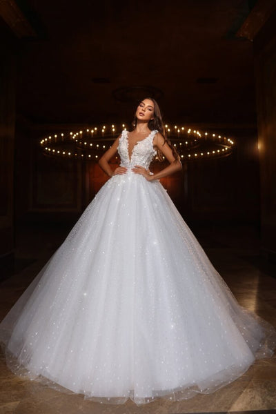 Luxurious Sequined Ball Gown Wedding Dress with Deep V-Neck - Plus Size - WonderlandByLilian
