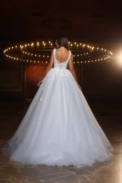 Luxurious Sequined Ball Gown Wedding Dress with Deep V-Neck - Plus Size - WonderlandByLilian