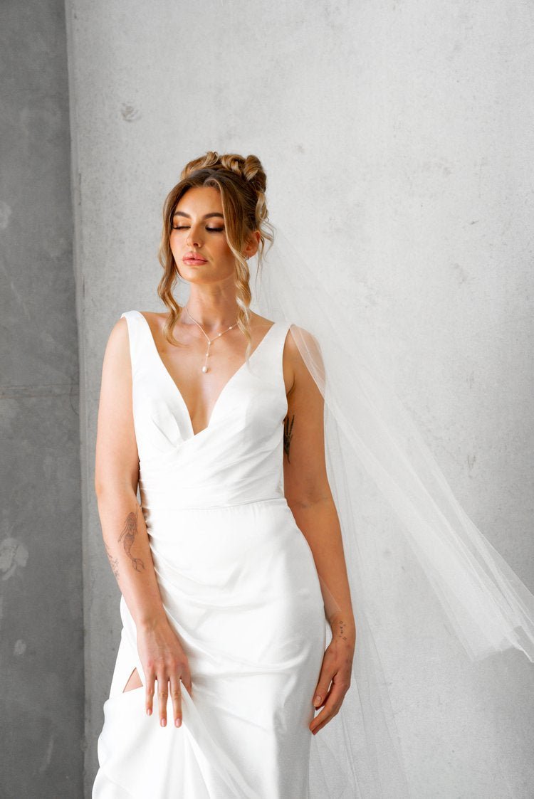 Luxurious Silky Satin Bridal Gown with Low V-Neckline Plus Size - EVERLY - WonderlandByLilian