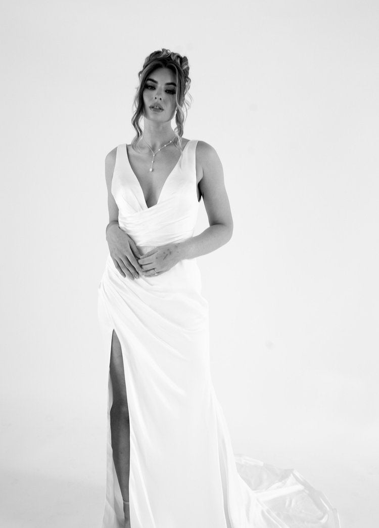 Luxurious Silky Satin Bridal Gown with Low V-Neckline Plus Size - EVERLY - WonderlandByLilian