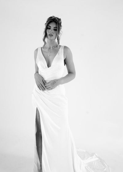Luxurious Silky Satin Bridal Gown with Low V-Neckline Plus Size - EVERLY - WonderlandByLilian