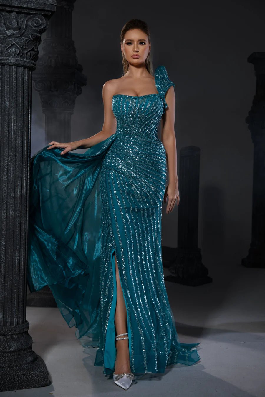 Luxurious Turq Sequin Evening Gown with One Shoulder and Slit - Pretty Sequin Dress andDesigner Sequin Gown Plus Size - WonderlandByLilian