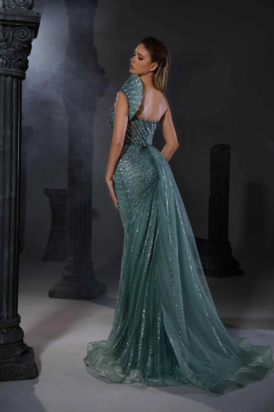 Luxurious Turq Sequin Evening Gown with One Shoulder and Slit - Pretty Sequin Dress andDesigner Sequin Gown Plus Size - WonderlandByLilian