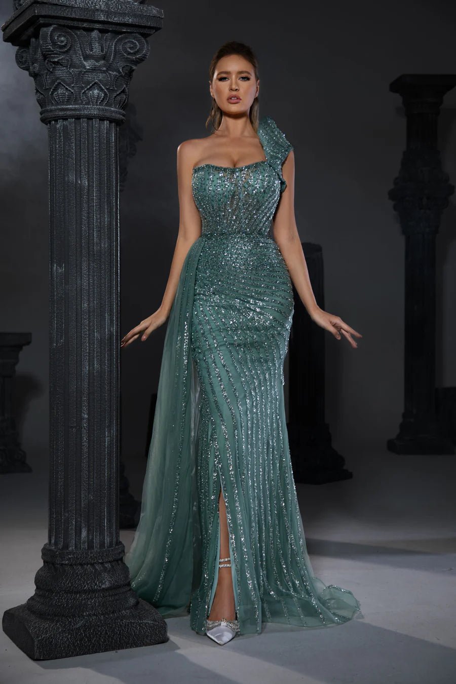Luxurious Turq Sequin Evening Gown with One Shoulder and Slit - Pretty Sequin Dress andDesigner Sequin Gown Plus Size - WonderlandByLilian
