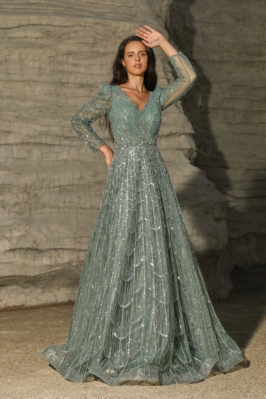 Luxurious Turquoise Sequin Evening Gown with Long Sleeves - Pretty Seq –  WonderlandByLilian