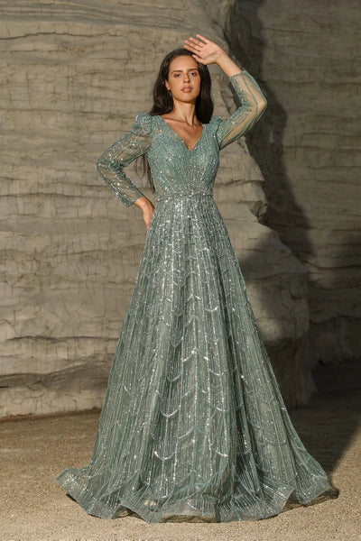 Luxurious Turquoise Sequin Evening Gown with Long Sleeves - Pretty Sequin Dress and Designer Sequin Gown Plus Size - WonderlandByLilian