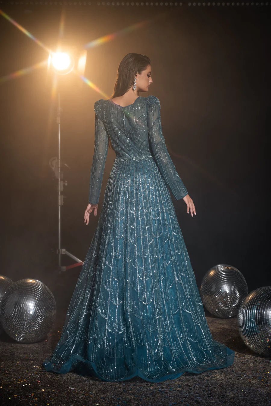 Luxurious Turquoise Sequin Evening Gown with Long Sleeves - Pretty Sequin Dress and Designer Sequin Gown Plus Size US 12 / Blue Luxurious Turquoise Sequin Evening Gown with Long Sleeves - Pretty Sequin Dress and Designer Sequin Gown Plus Size US 12 / Blue