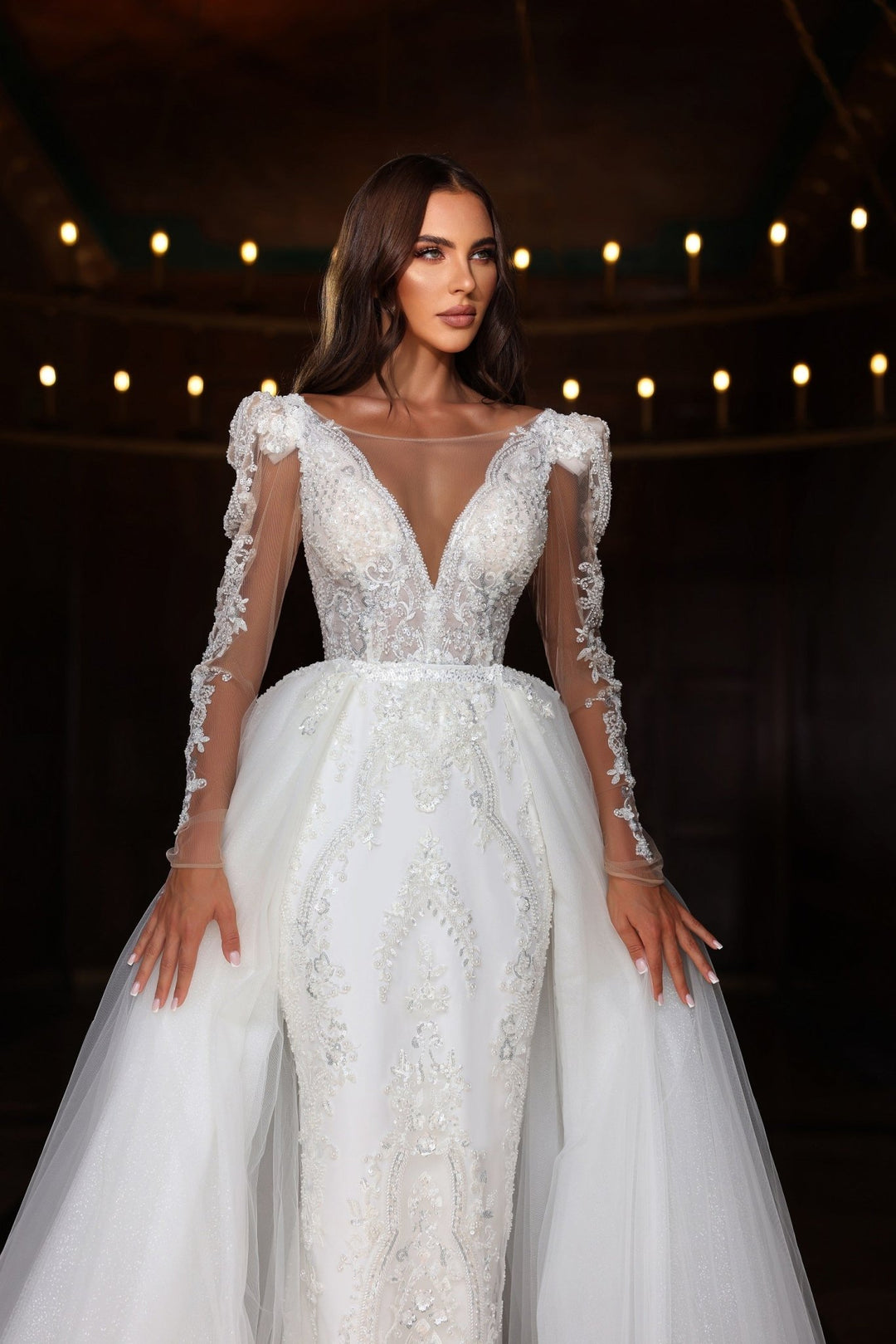 Luxurious V-Neck Wedding Dress with Lace Embellishments and Tulle Skirt Plus Size - WonderlandByLilian