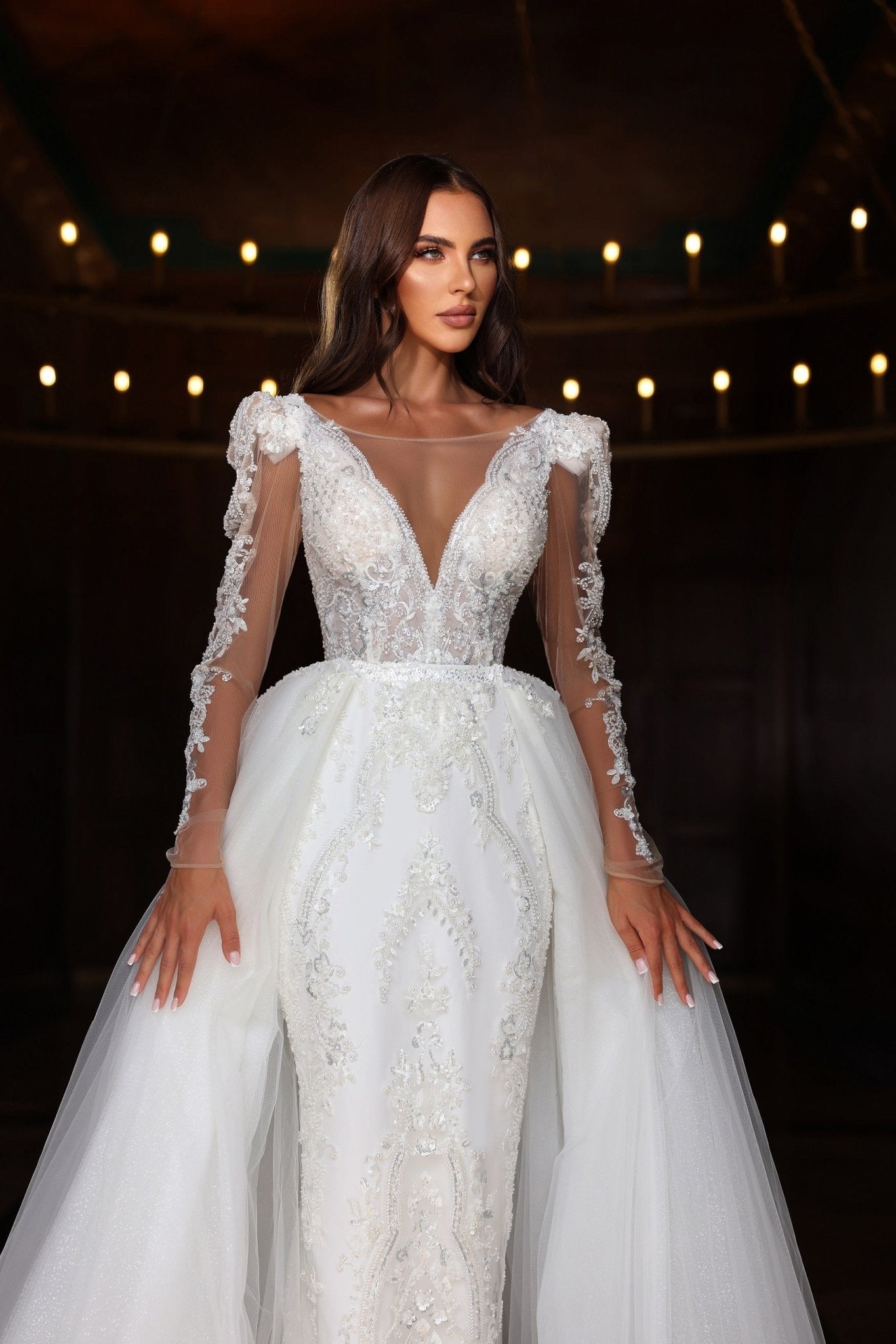Luxurious V-Neck Wedding Dress with Lace Embellishments and Tulle Skirt Plus Size - WonderlandByLilian
