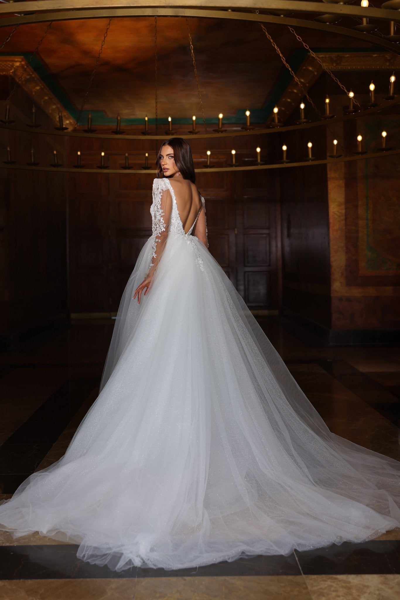 Luxurious V-Neck Wedding Dress with Lace Embellishments and Tulle Skirt Plus Size - WonderlandByLilian
