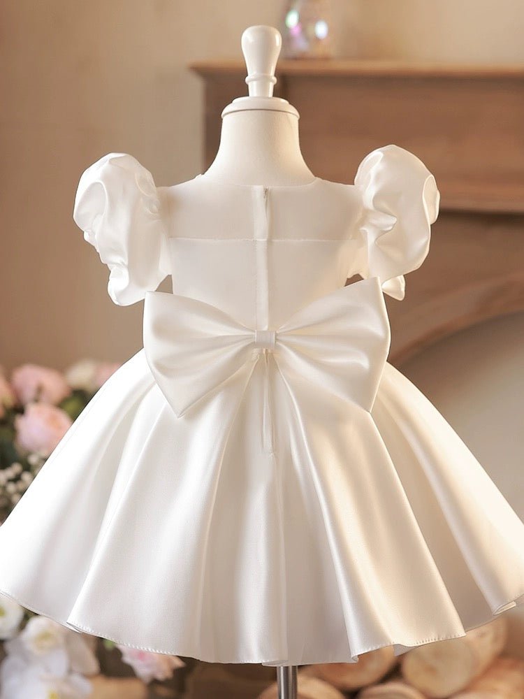 Luxurious White Flower Girl Dress with Elegant Embroidery and Satin Bo