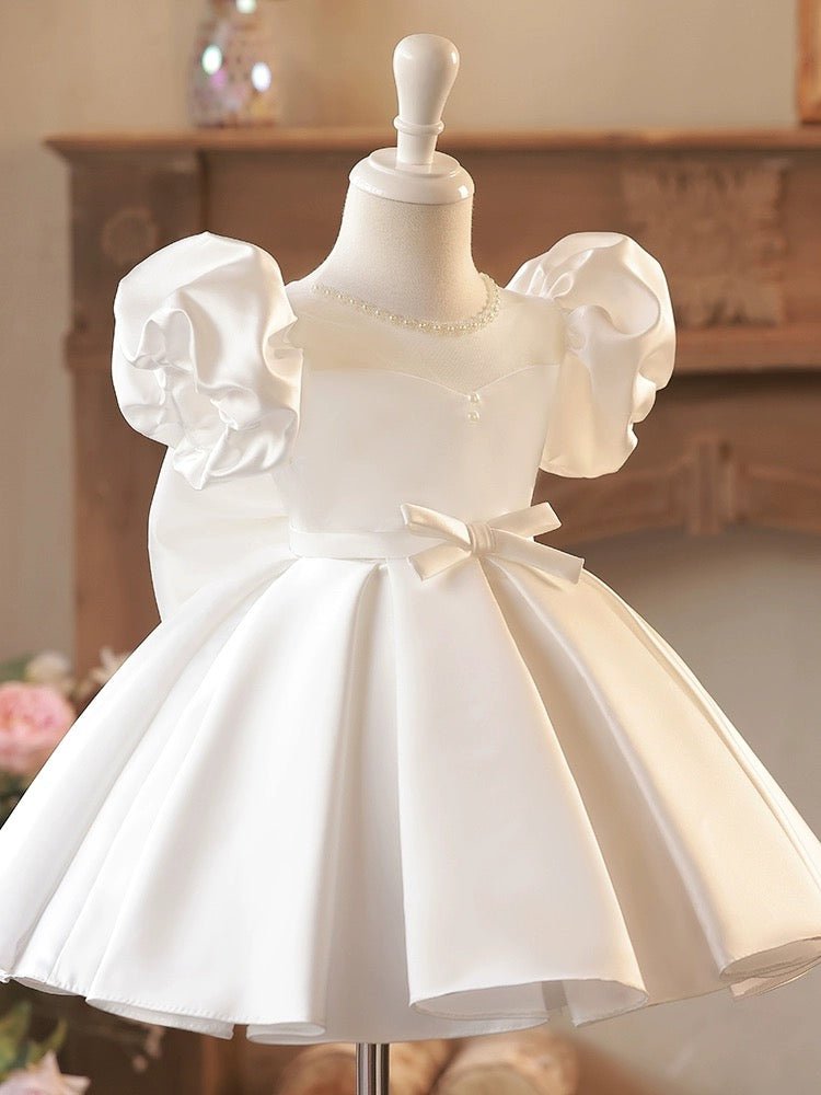 Luxurious White Flower Girl Dress with Elegant Embroidery and Satin Bo