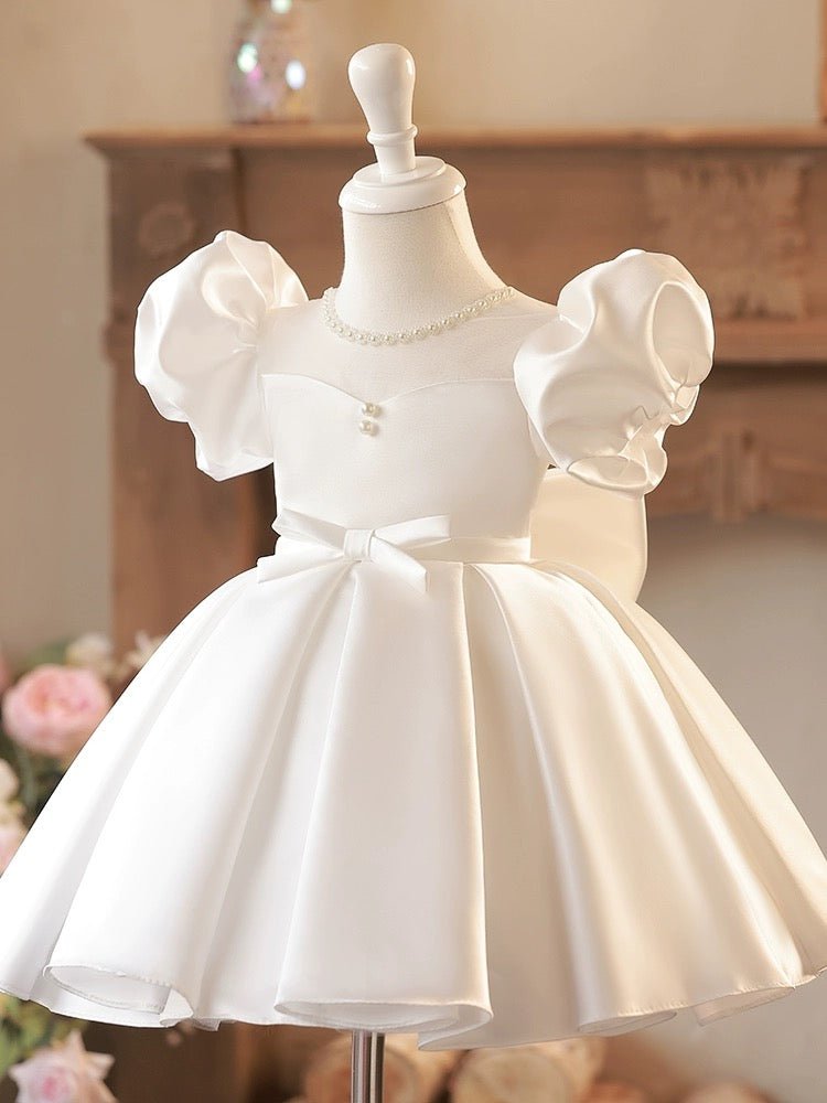 Luxurious White Flower Girl Dress with Elegant Embroidery and Satin Bow - Plus Size - WonderlandByLilian