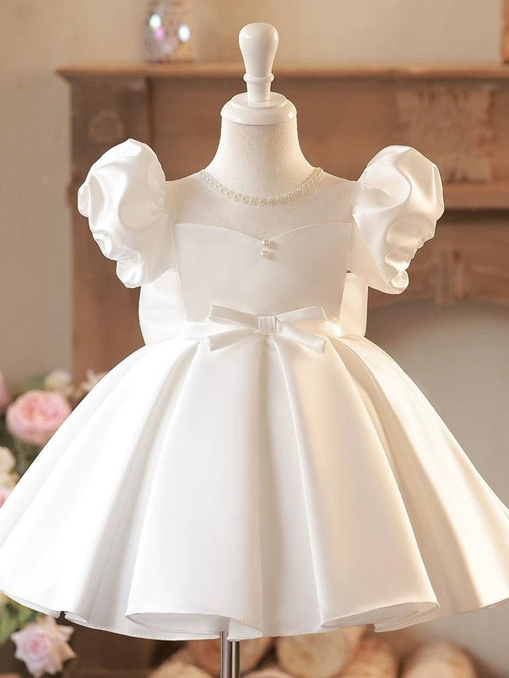 Luxurious White Flower Girl Dress with Elegant Embroidery and Satin Bow - Plus Size - WonderlandByLilian