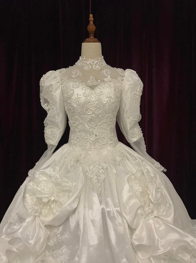 Luxury Antique White Taffeta Beaded Ball Gown Wedding Dress With - Victorian Wedding Dress - Plus Size - WonderlandByLilian
