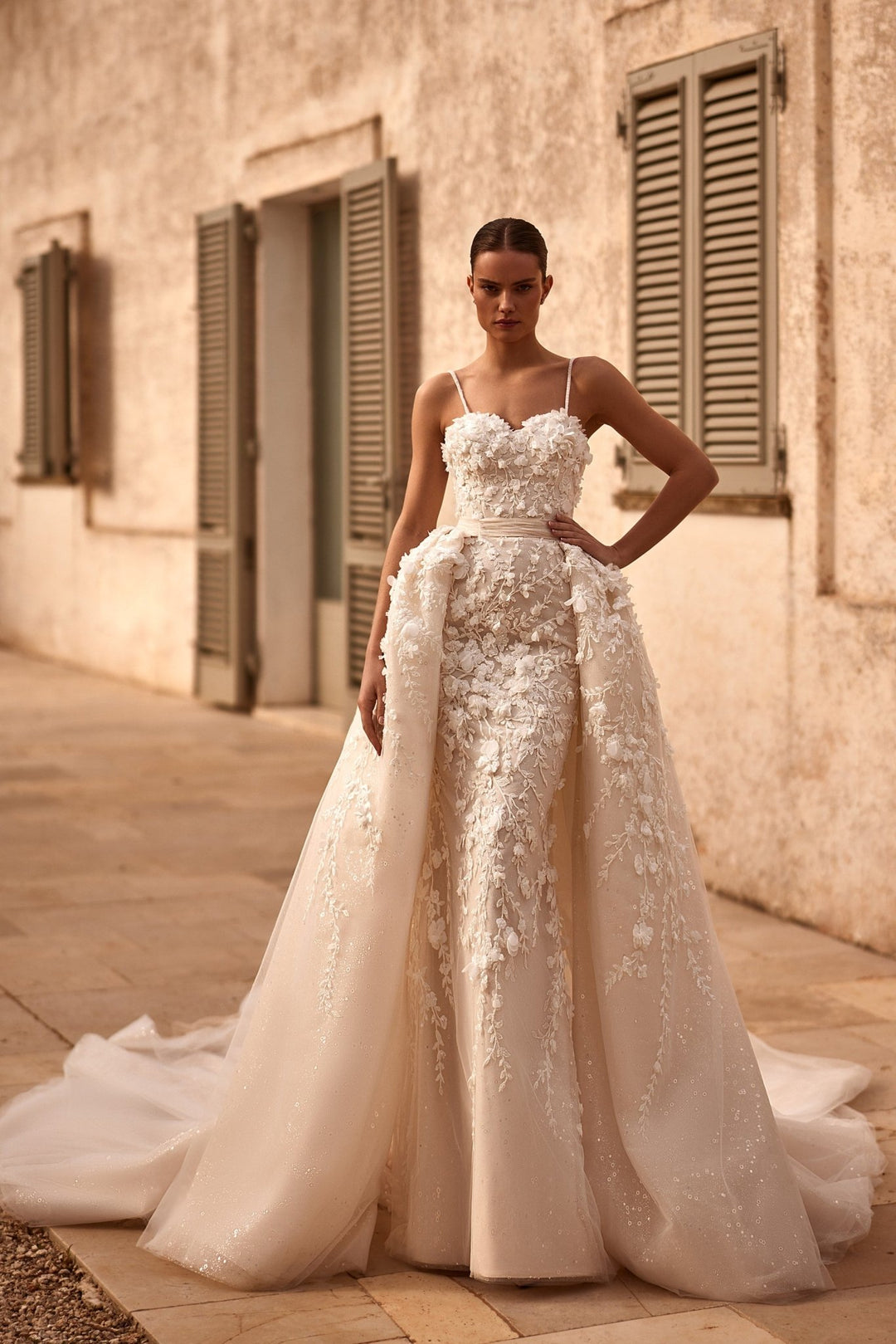 Luxury Floral Appliqué Spaghetti Strap Bridal Gown with Majestic Train Plus Size - WonderlandByLilian