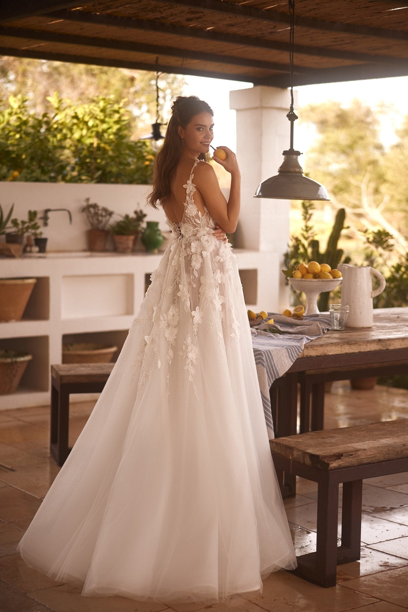 Luxury Floral Lace V-Neck Wedding Dress with Cascading Tulle Skirt Plus Size - WonderlandByLilian